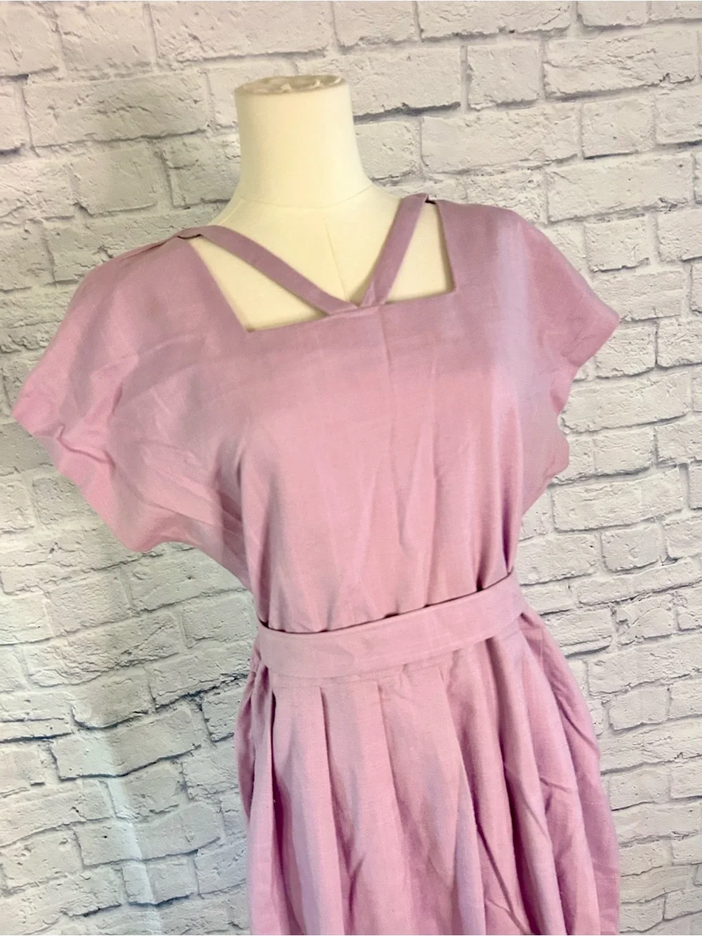 Vintage Lavender Dress w Belt Criss Cross Neckline Pleated Dapper Pinup Twee
